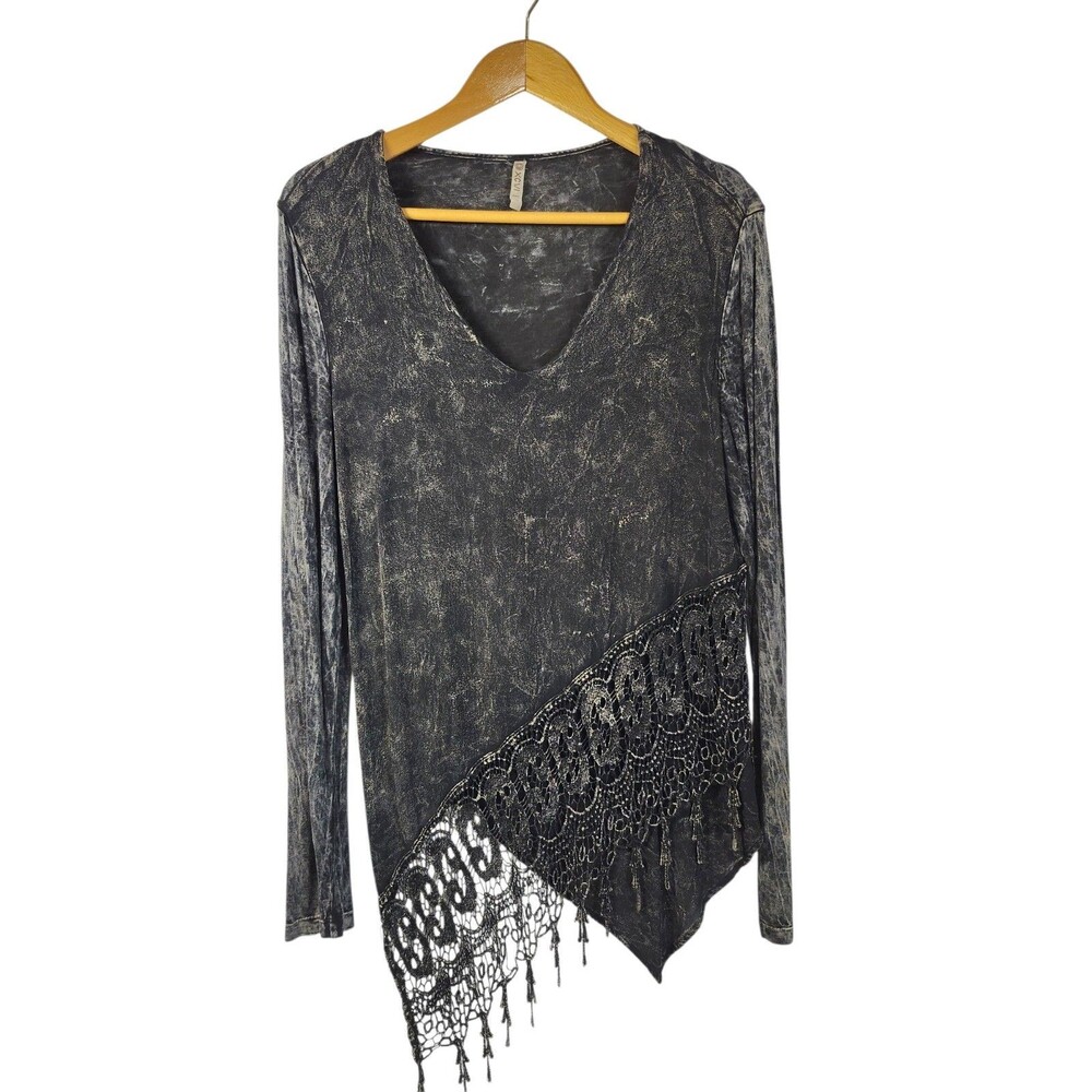 XCVI Dafne Tunic Top Size Medium Black Distress Boho Lace Trim Long Sleeve‎